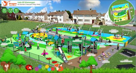 Image of plans for St Davids Crescent Park. Image shows slide, swings, roundabout and more.